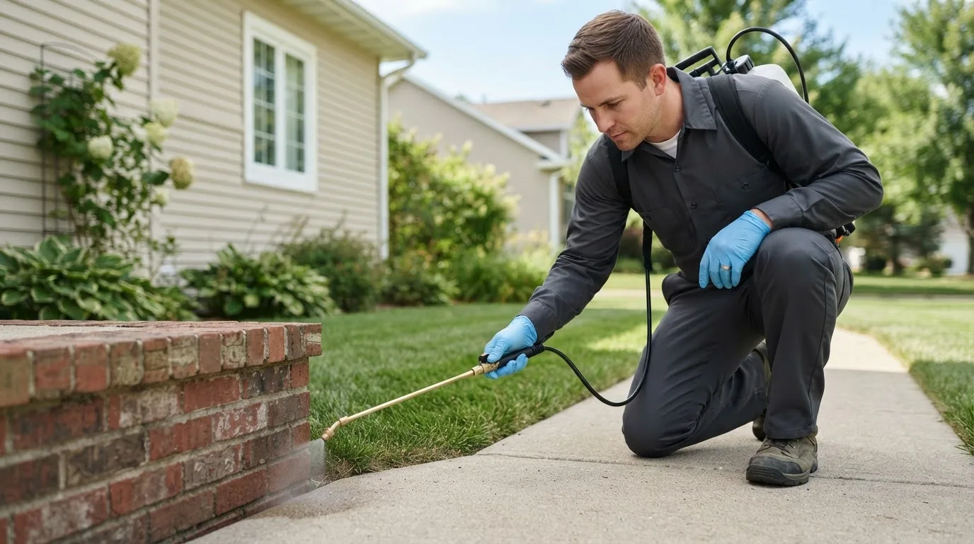 Pest control technician treating a home near Englewood, FL